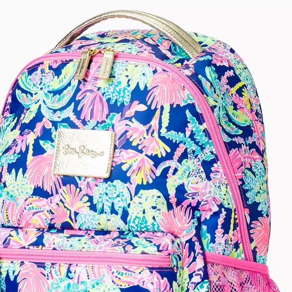 NWT Lilly Pulitzer Bahia Backpack Poly Oyster Bay Navy Seen Top Zipper Mesh Logo - Picture 6 of 8